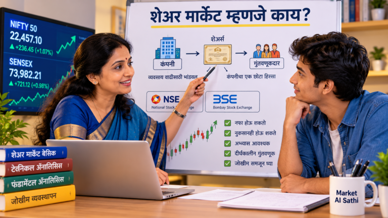 शेअर मार्केट म्हणजे काय हे वर्षा मॅडम रोहनला उदाहरणातून समजावून सांगताना